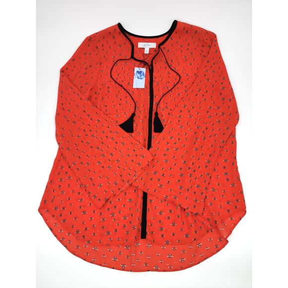 Libby Edelman Orange Bee Print Blouse Tassel Tie Boho Top Size L - Picture 6 of 7